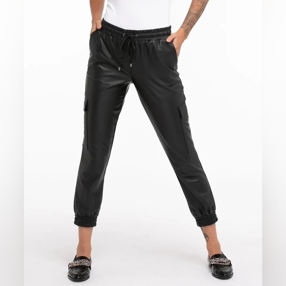 20P - Cleo | Black Vegan Leather Cargo Joggers